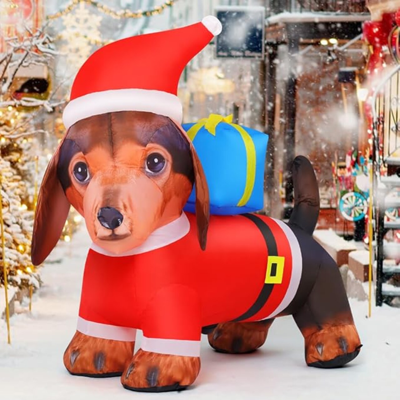 GOOSH 6 FT Christmas Inflatable Dog Dachshund Carrying Presents with Built-in LEDs
